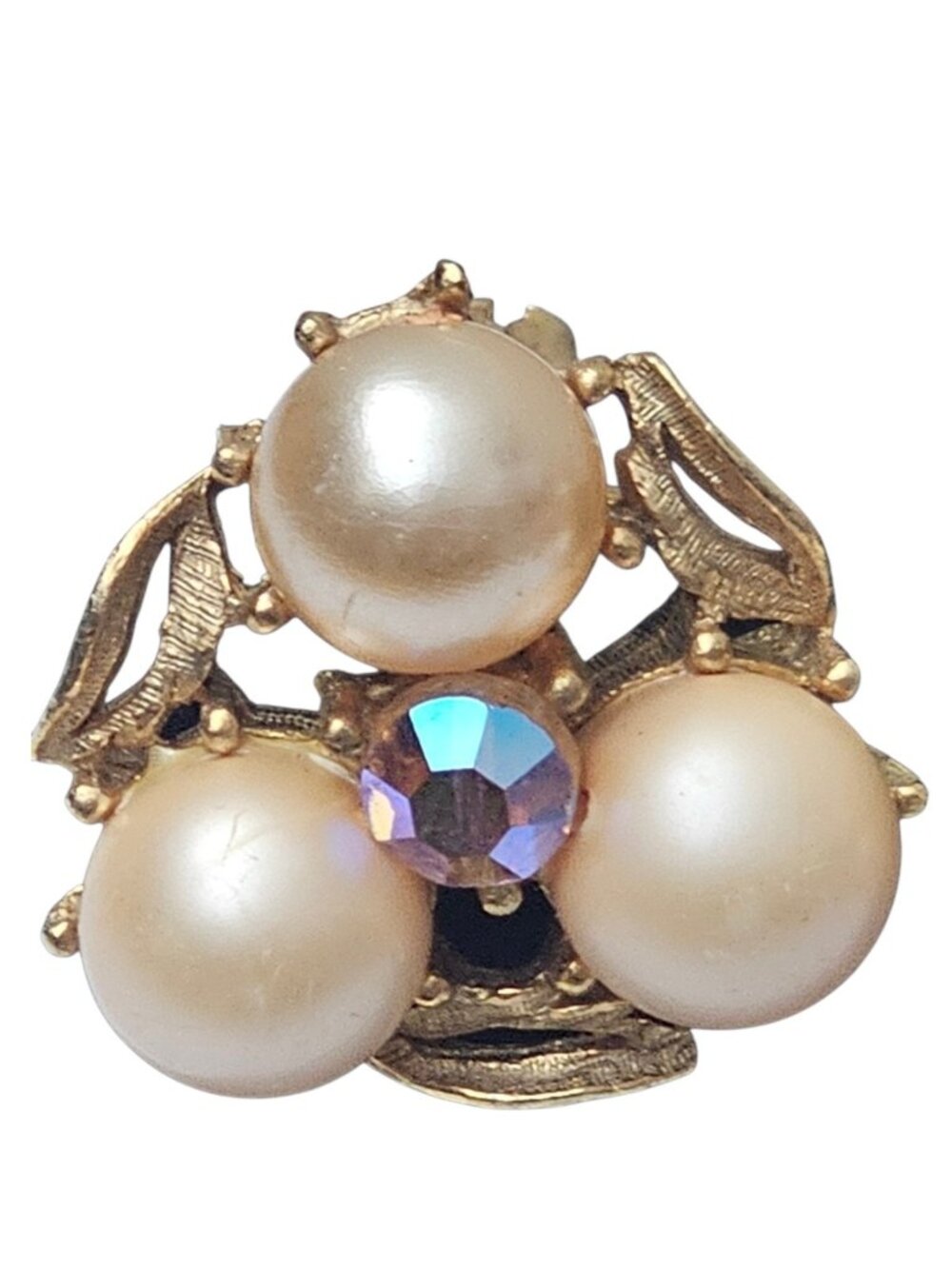 Vintage STAR Faux Pearl Cluster Earrings Gold Tone Aurora Borealis Rhinestone... - Picture 3 of 7